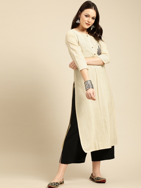 

Varanga Women Off-White & Mustard Striped Straight Kurta