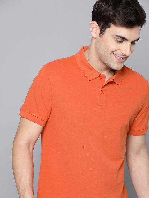 Mast Harbour Men Orange Solid Polo Collar Pure Cotton T-shirt