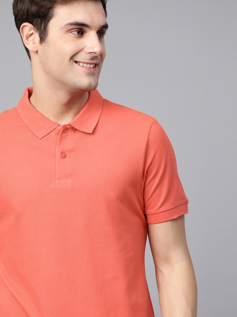 Men Coral Orange Solid Polo Collar T-shirt