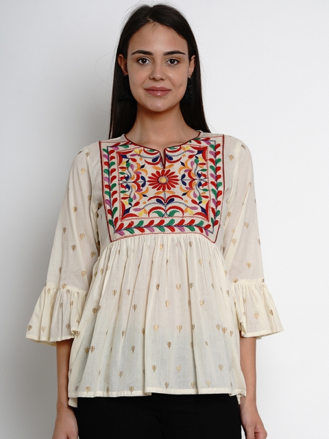 

Bhama Couture Women Off-White & Red Embroidered Peplum Top