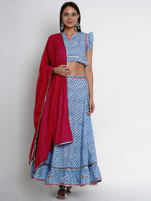 

Bhama Couture Blue & Red Printed Ready to Wear Lehenga & Blouse with Dupatta