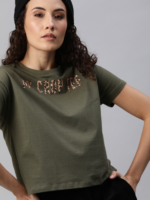 

Kook N Keech Women Olive Green Printed Round Neck Crop T-shirt