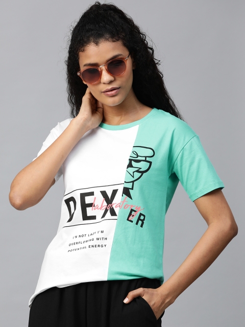 

Dexter by Kook N Keech Women White & Sea-Green Printed Round Neck T-shirt