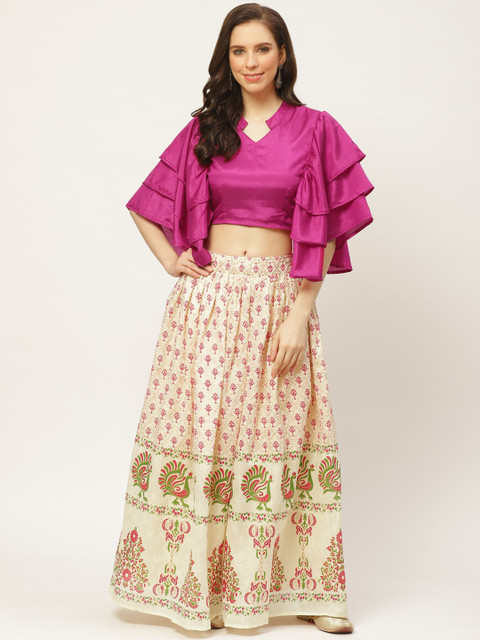 

Nayo Women Magenta & Cream-Coloured Solid Crop Top with Skirt