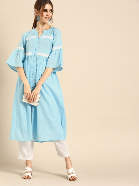 

Nayo Women Blue & White Solid Kurta with Schiffli Trousers