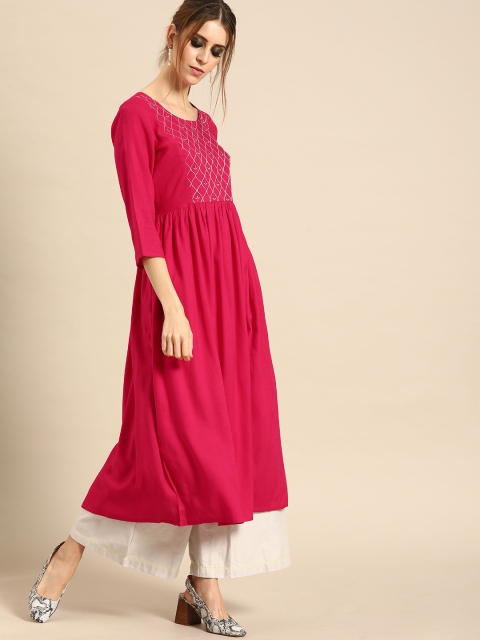 

Nayo Women Pink Embroidered Yoke Design A-Line Kurta With Gathered Detail