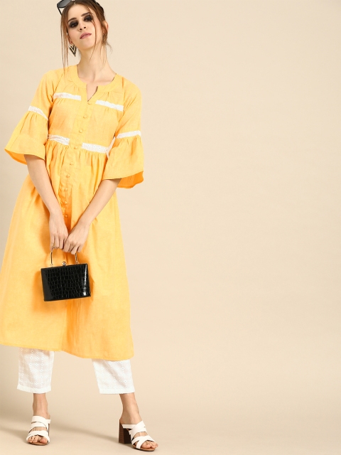 

Nayo Women Yellow & White Solid Kurta with Schiffli Trousers