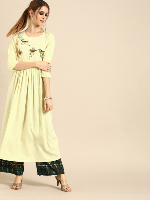 

Nayo Women Yellow Quirky Yoke Design A-Line Kurta With Gathered Detail
