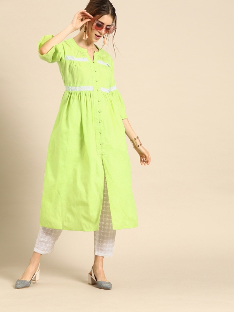 

Nayo Women Green & White Solid Kurta with Schiffli Trousers