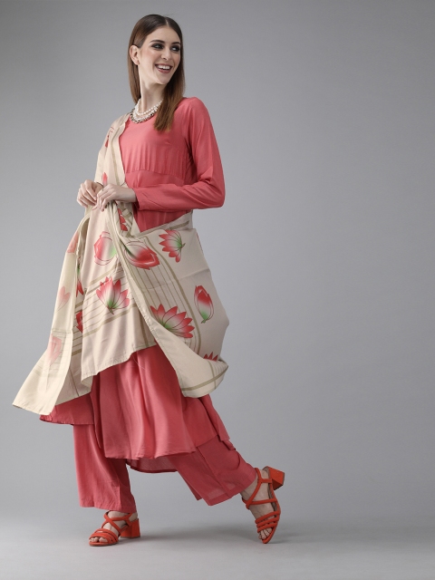 

AKS Women Pink & Beige Solid Kurta with Trousers & Dupatta