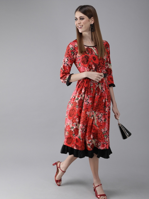 

AKS Women Red & Black Printed Fit and Flare Dress