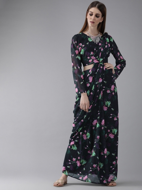 

AKS Navy Blue & Pink Poly Georgette Printed Saree
