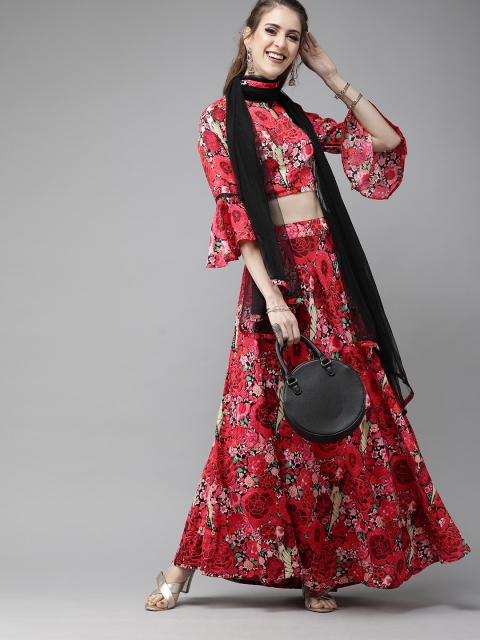 

AKS Red & Black Printed Ready to Wear Lehenga & Blouse with Dupatta