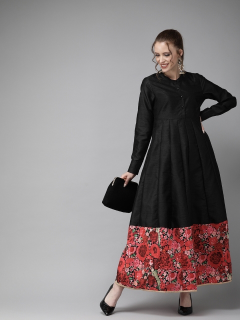 

AKS Women Black & Red Self Design Panelled Maxi Dress with Floral Print
