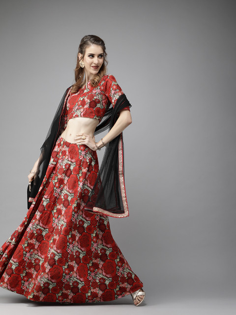 

AKS Red & Green Woven Design Ready to Wear Lehenga & Blouse with Dupatta