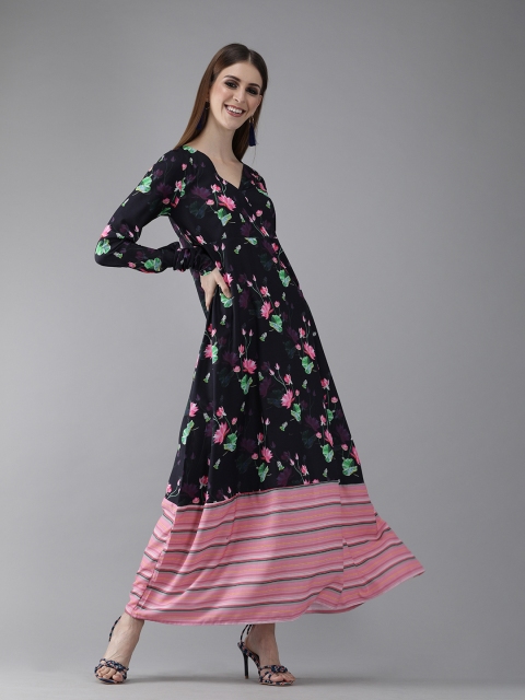 

AKS Women Navy Blue & Pink Printed A-Line Maxi Dress
