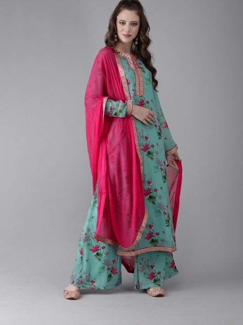 

AKS Women Turquoise Blue & Pink Printed Kurta with Palazzos & Dupatta