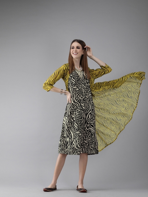 

AKS Women Black & Off-White Printed A-Line Dress with Longline Shrug