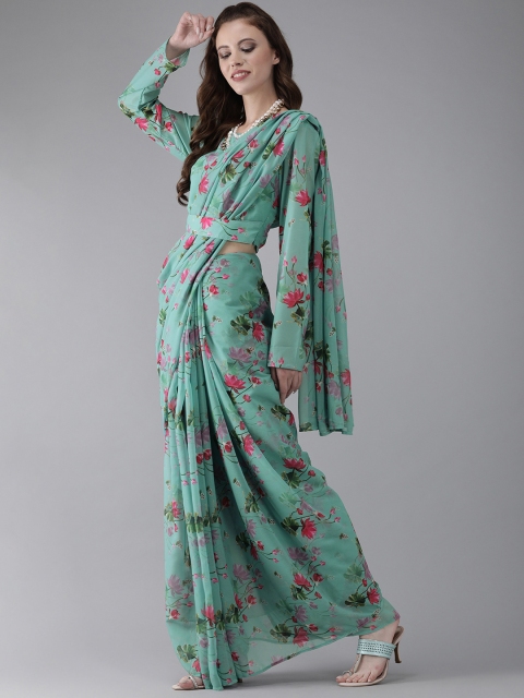 

AKS Green & Pink Poly Georgette Printed Saree
