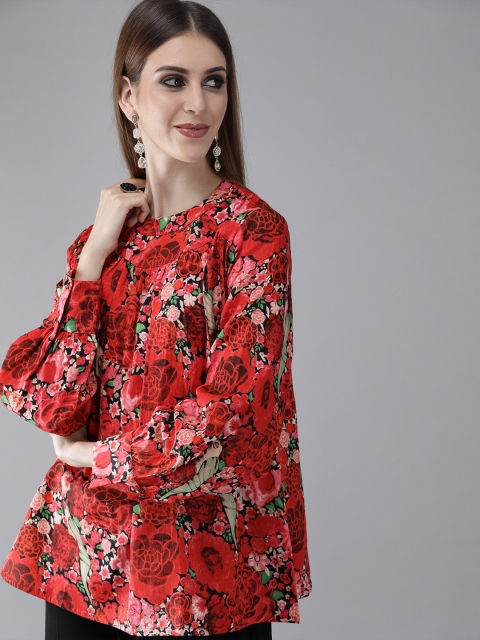 

AKS Women's Red & Black Printed Tunic With Gathered Detailing