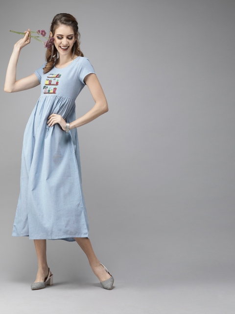 

AKS Women Blue Solid Fit and Flare Dress With Embroidery
