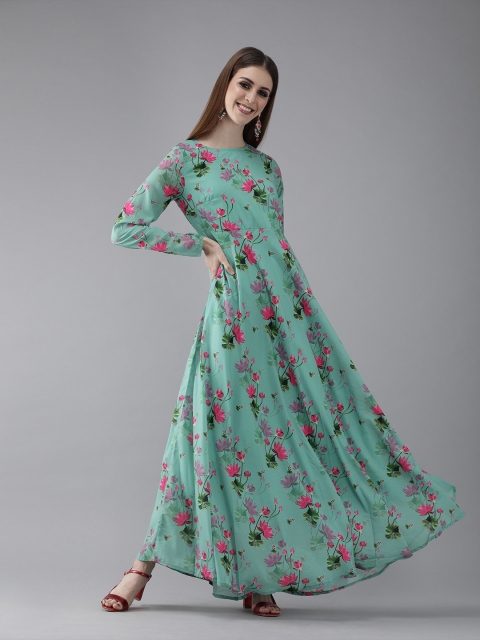 

AKS Women Sea Green & Pink Printed Maxi Dress