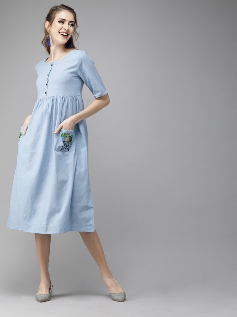 

AKS Women Blue Solid Fit and Flare Dress With Embroidery