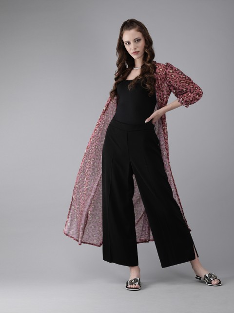 

AKS Women Pink & Brown Printed Open Front Longline Shrug