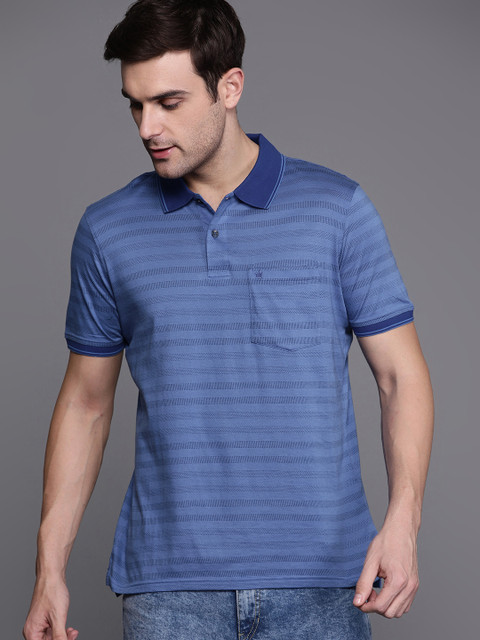 

Louis Philippe Men Blue & Black Striped Polo Collar T-shirt