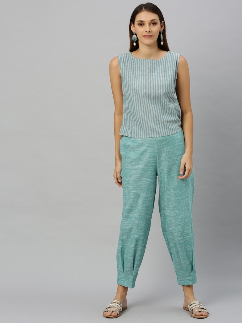 

Shakumbhari Women Teal Blue & Grey Striped Top with Trousers