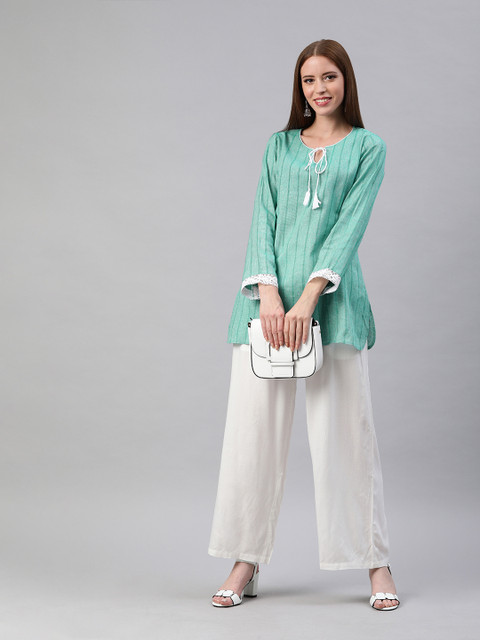 

Shakumbhari Women Turquoise Blue Striped A-Line Pure Cotton Top
