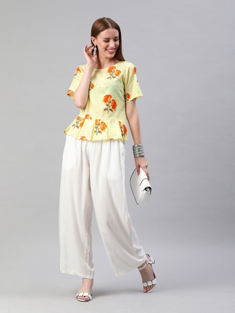 

Shakumbhari Women Yellow Printed Pleated Peplum Top