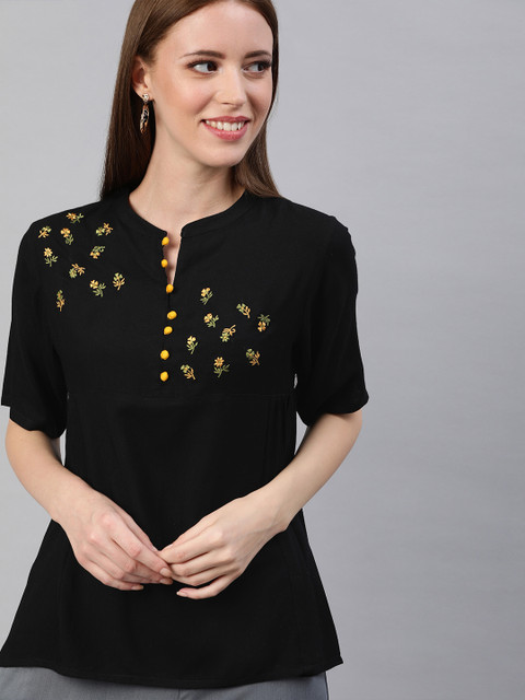 

Shakumbhari Women Black Solid Top With Embroidery