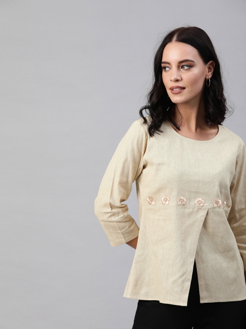 

Shakumbhari Women Beige Solid A-Line High-Slit Pure Cotton Top With Embroidery