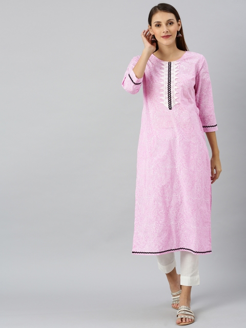 

Shakumbhari Women Pink & White Printed Straight Kurta With Lace Detailing