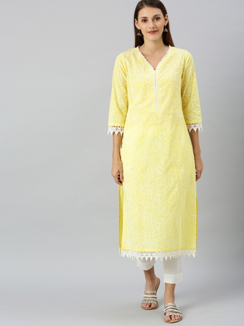 

Shakumbhari Women Yellow & White Floral Printed Straight Kurta With Lace Detailing