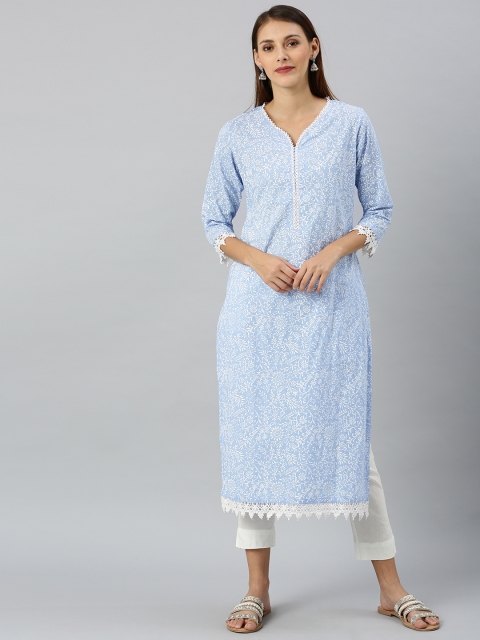 

Shakumbhari Women Blue & White Floral Printed Straight Kurta With Lace Detailing