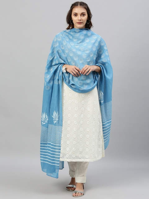 

Shakumbhari Women Blue & White Block Printed Pure Cotton Dupatta