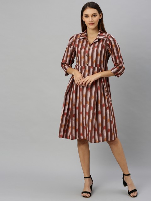 

Shakumbhari Women Brown and Pink Striped A-Line Dress With Roll-Up Sleeves