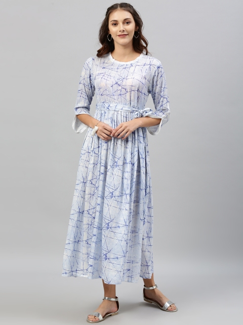 

Shakumbhari Women White & Blue Tie & Dye Printed Gathered A-Line Dress