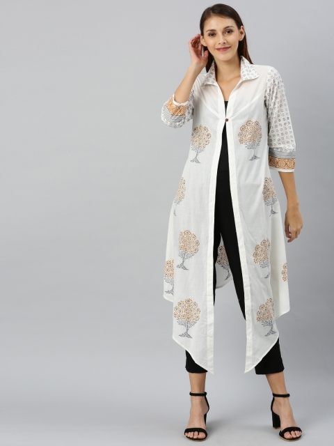 

Shakumbhari Women White & Grey Hand Block Printed Ethnic Cape Jacket