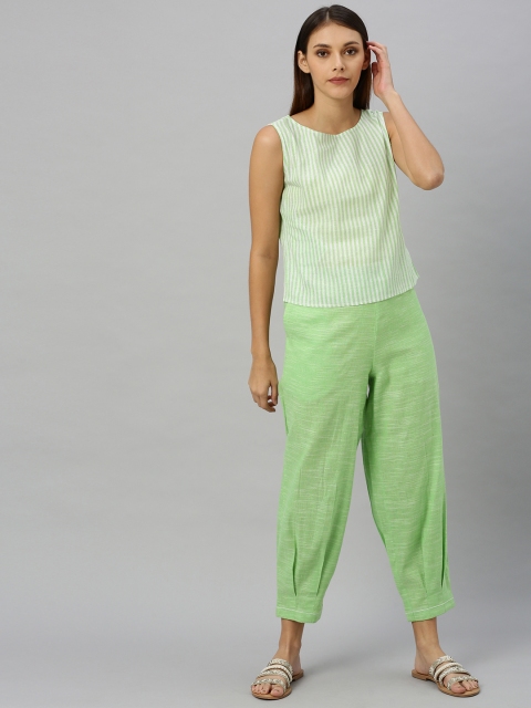 

Shakumbhari Women Green & White Striped Top with Trousers