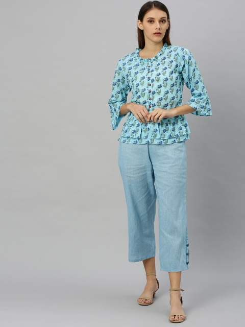 

Shakumbhari Women Blue & Green Floral Printed Top with Palazzos