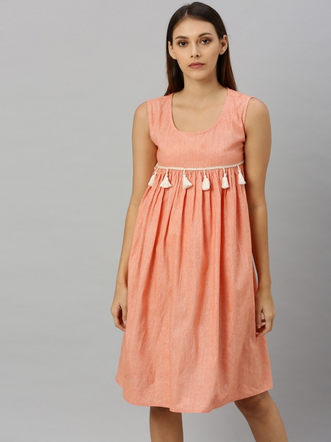 

Shakumbhari Women Peach-Coloured Solid A-Line Dress with Tassels