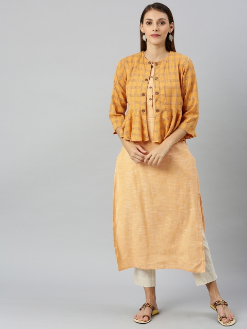 

Shakumbhari Women Yellow Solid Straight Kurta With Checked Ethnic Jacket
