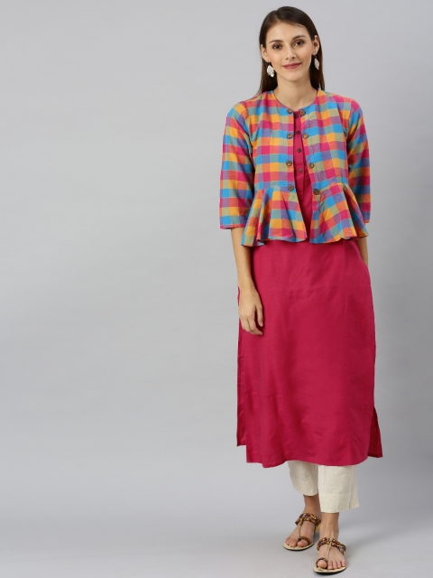 

Shakumbhari Women Pink Solid Straight Kurta With Checked Ethnic Jacket