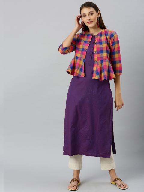 

Shakumbhari Women Purple Solid Straight Kurta With Checked Ethnic Jacket