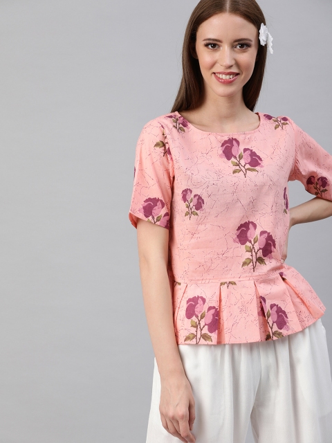 

Shakumbhari Women Pink Printed Pleated Peplum Pure Cotton Top