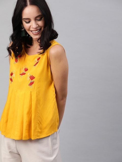 

Shakumbhari Women Mustard Yellow Pleated Embroidered Top