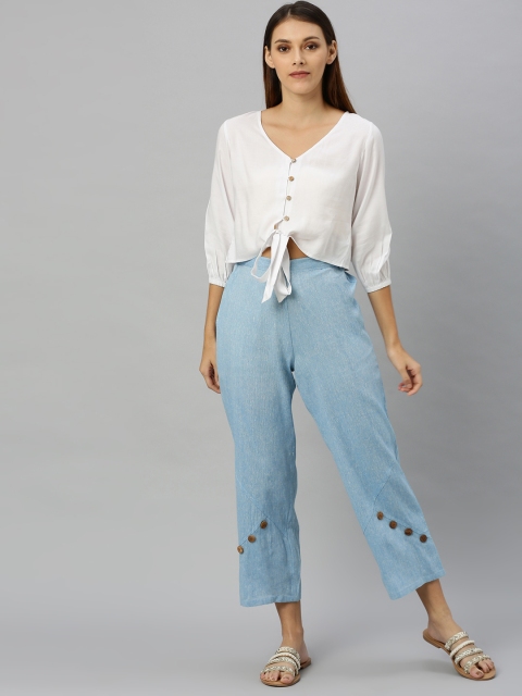

Shakumbhari Women White & Blue Solid Waist Tie-Up Top with Palazzos